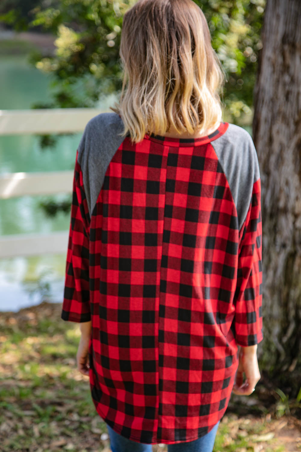 Plaid and Grey Hi-Lo Three Quarter Sleeve Top