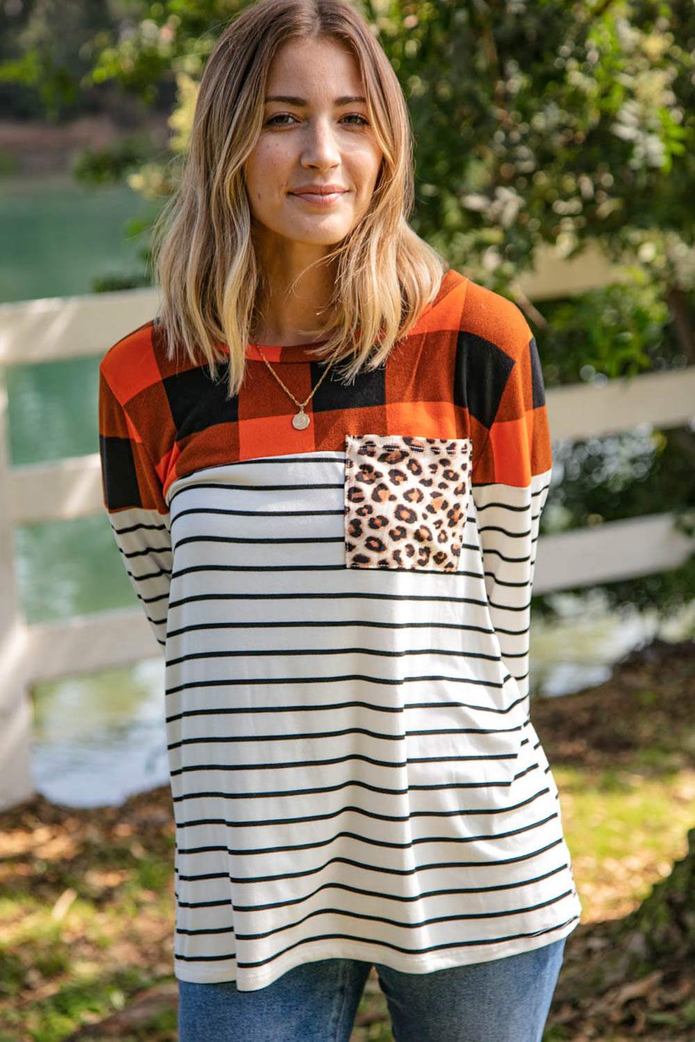 Plaid Yoke Stripe Leopard Pocket Knit Top