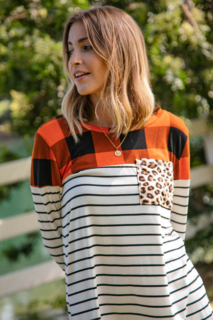 Plaid Yoke Stripe Leopard Pocket Knit Top