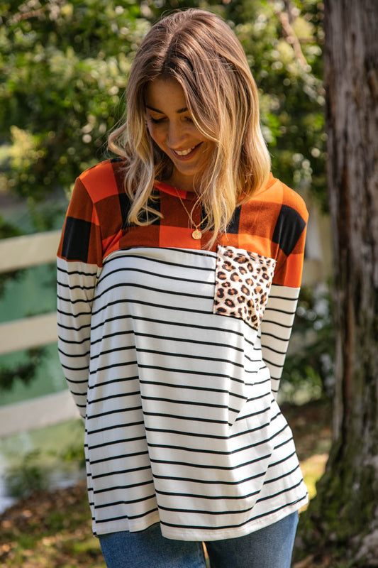 Plaid Yoke Stripe Leopard Pocket Knit Top