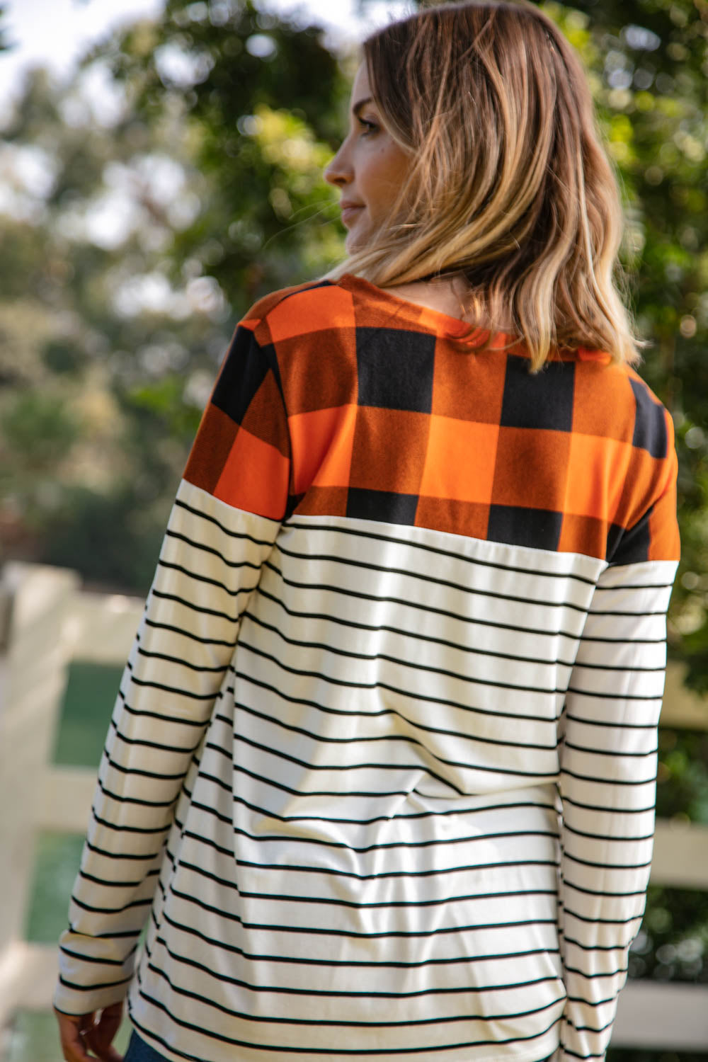 Plaid Yoke Stripe Leopard Pocket Knit Top