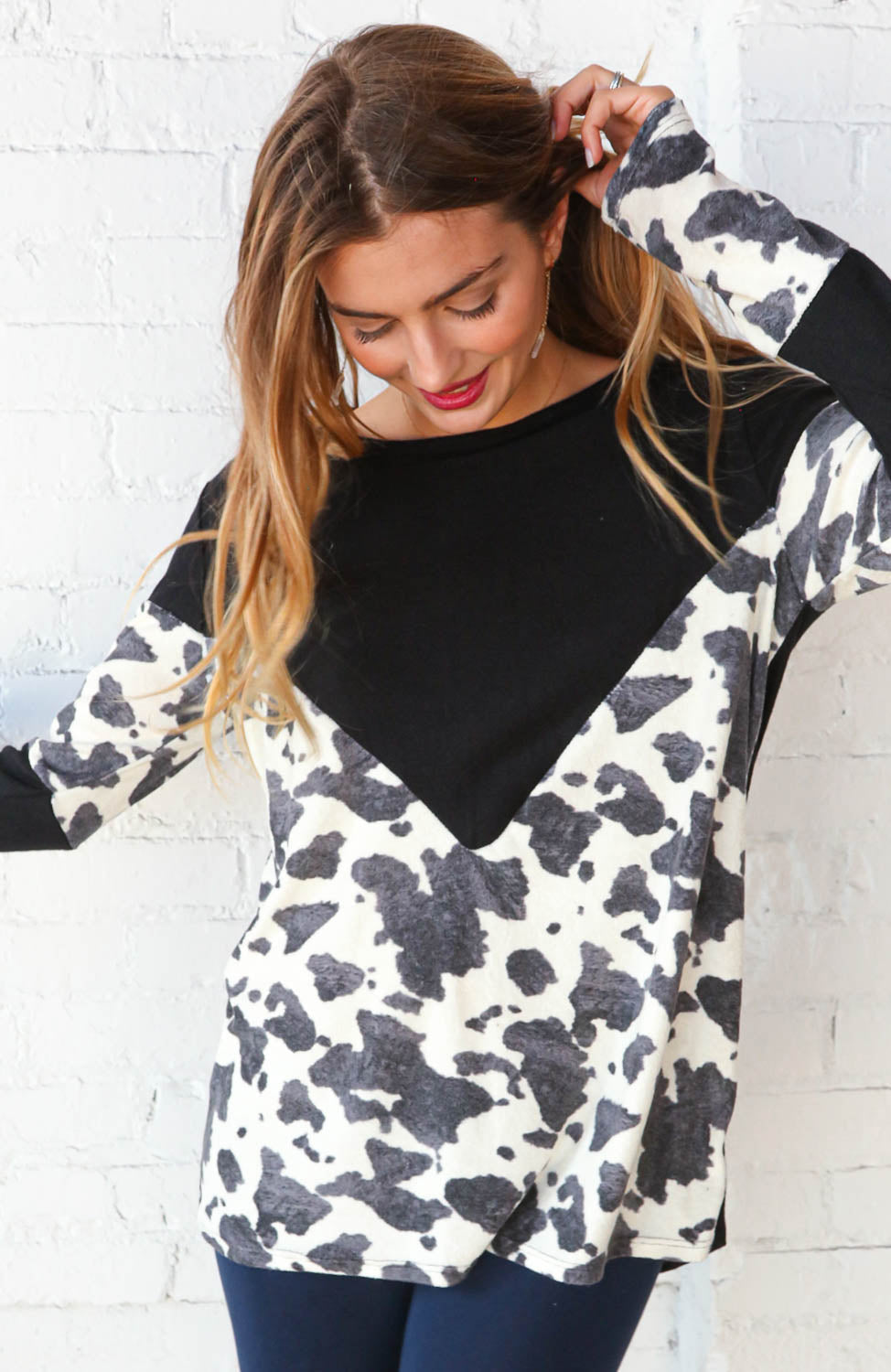 Cow Print Chevron Color Block Hacci Top