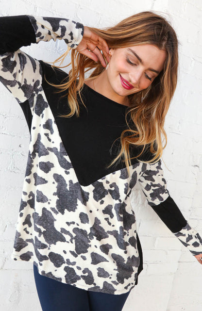 Cow Print Chevron Color Block Hacci Top