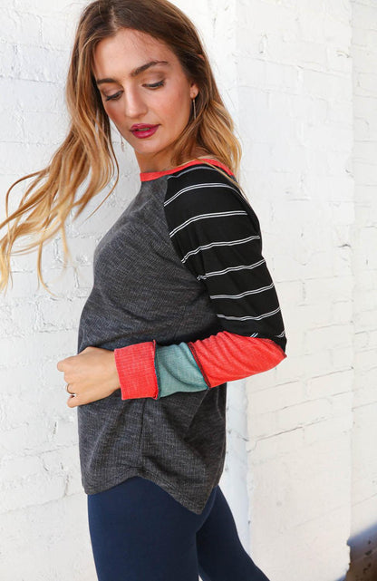 Black & Grey Thermal Rib Color Block Raglan Top