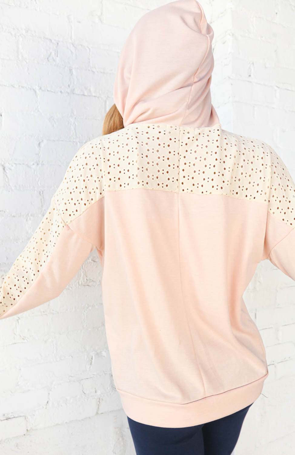 Peach Ivory Eyelet Color Block Pullover Hoodie