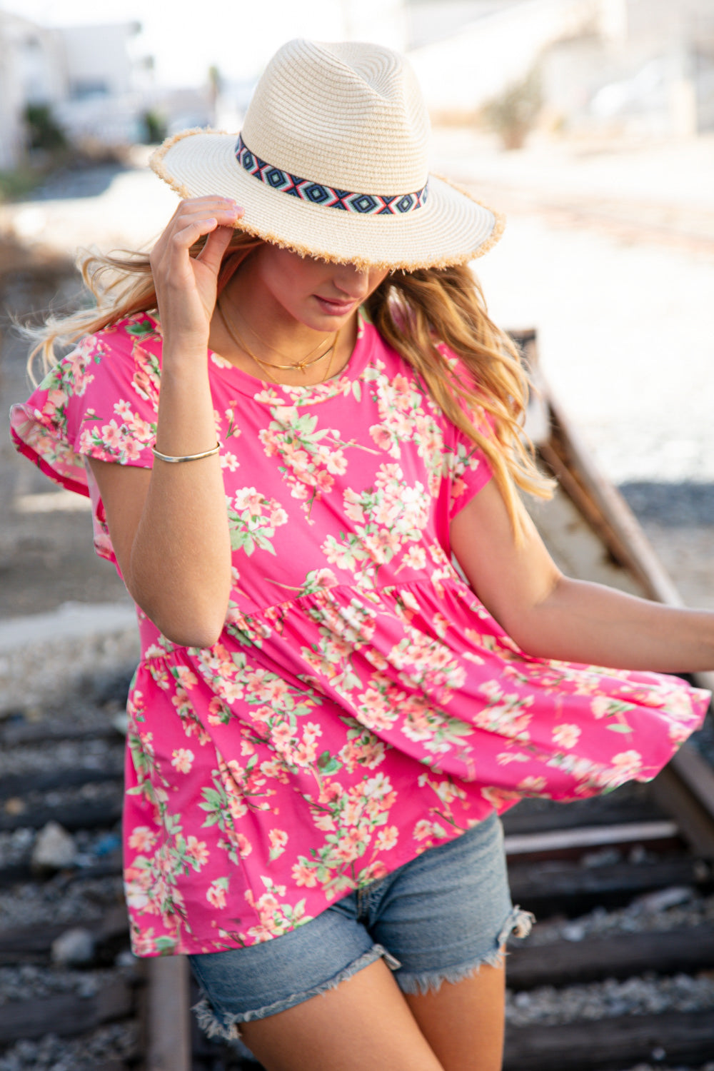 Pink Floral Ruffle Short Sleeve Baby Doll Top