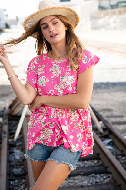 Pink Floral Ruffle Short Sleeve Baby Doll Top