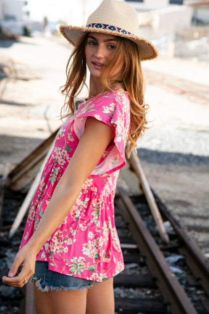 Pink Floral Ruffle Short Sleeve Baby Doll Top