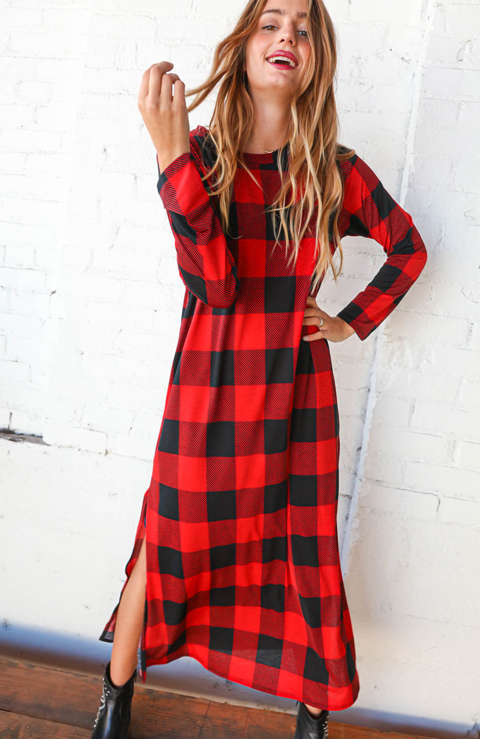 Buffalo Plaid Side Slit Maxi-Length Dress