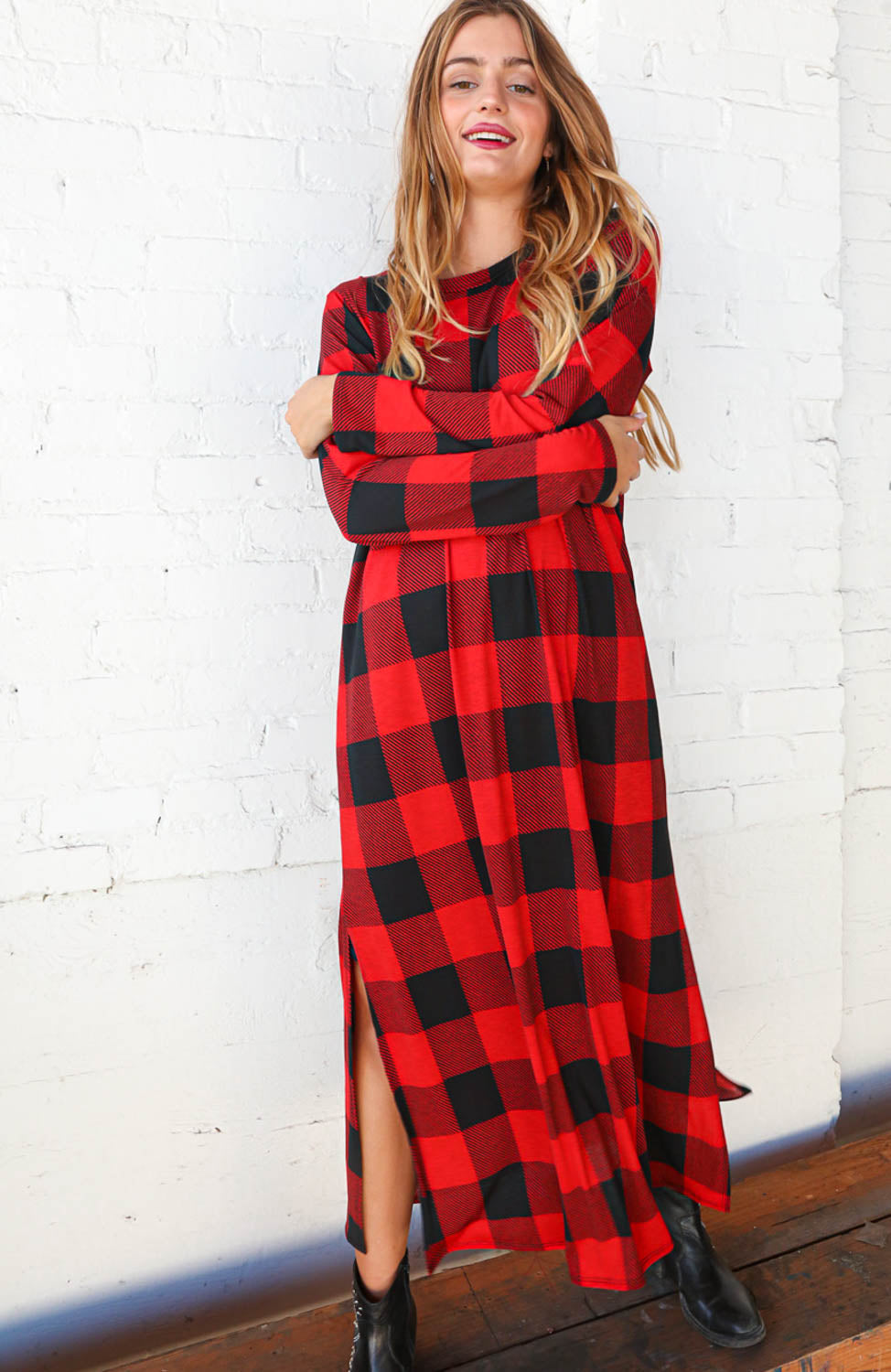 Buffalo Plaid Side Slit Maxi-Length Dress