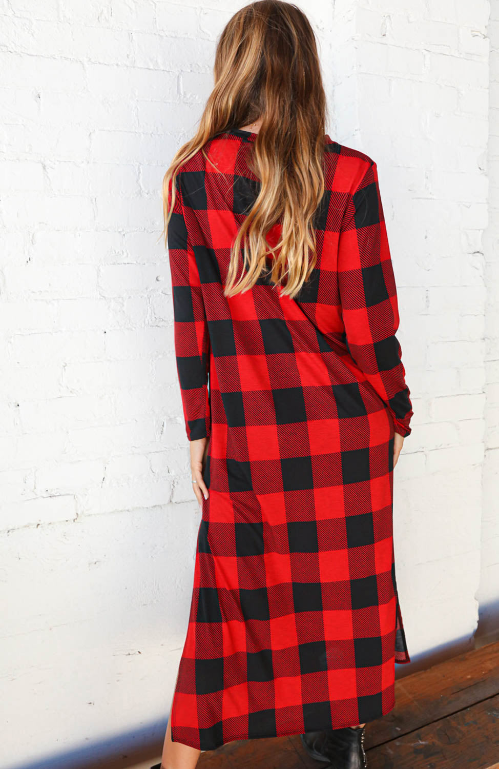 Buffalo Plaid Side Slit Maxi-Length Dress