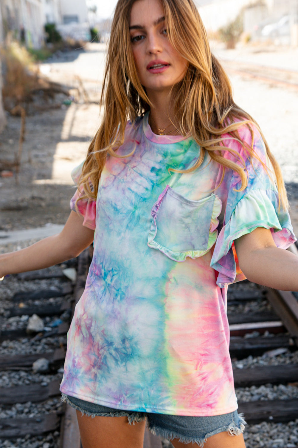 Tie Dye Dolman Ruffle Top with Pocket