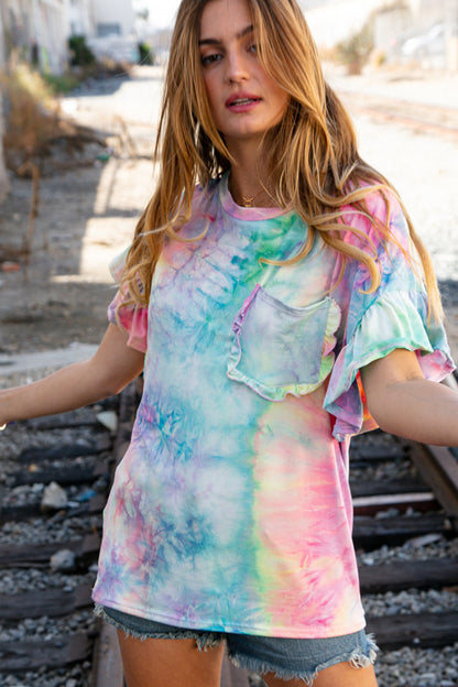 Tie Dye Dolman Ruffle Top with Pocket