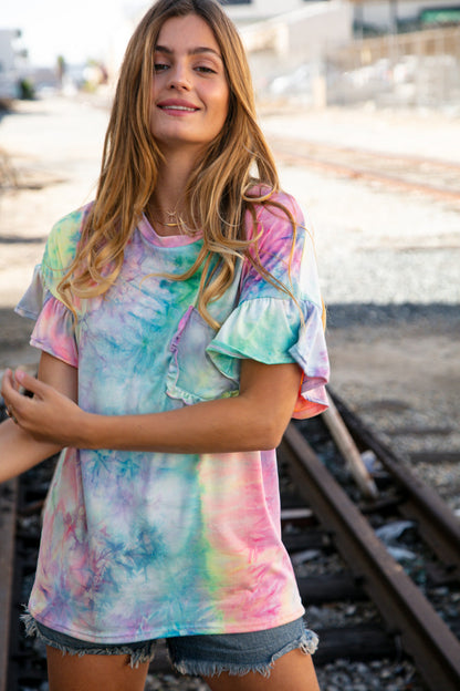 Tie Dye Dolman Ruffle Top with Pocket