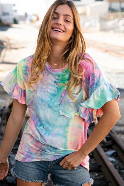 Tie Dye Dolman Ruffle Top with Pocket