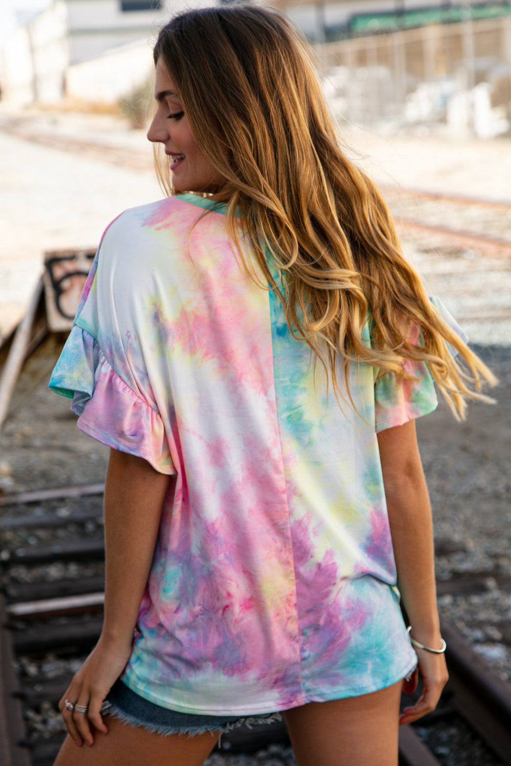 Tie Dye Dolman Ruffle Top with Pocket