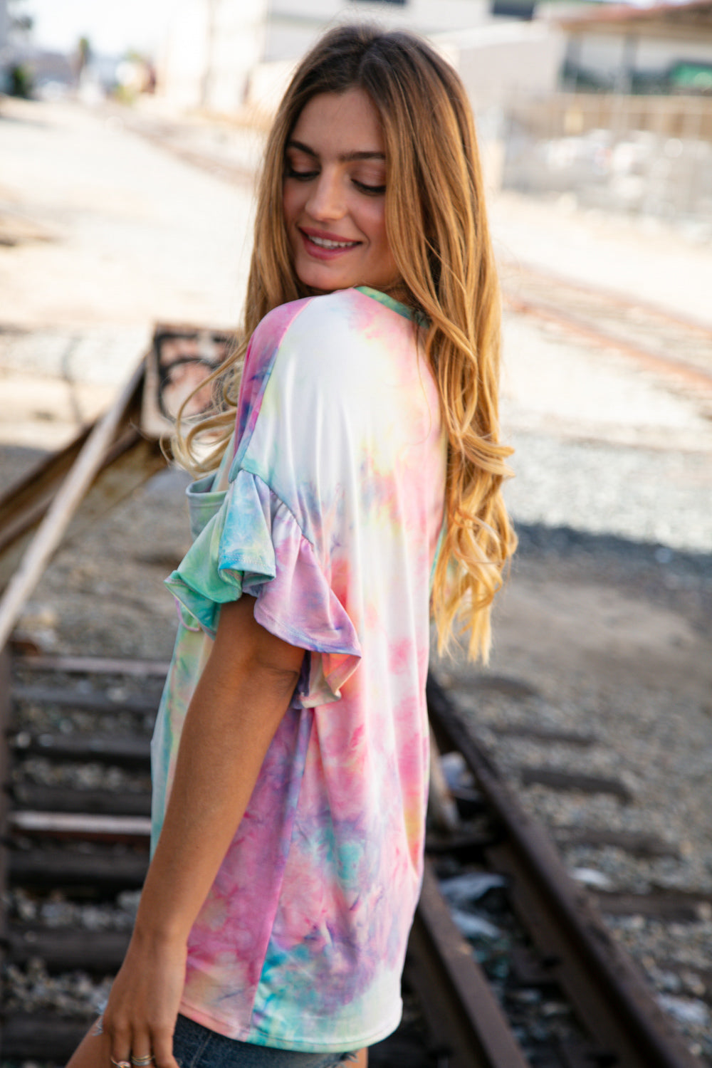 Tie Dye Dolman Ruffle Top with Pocket