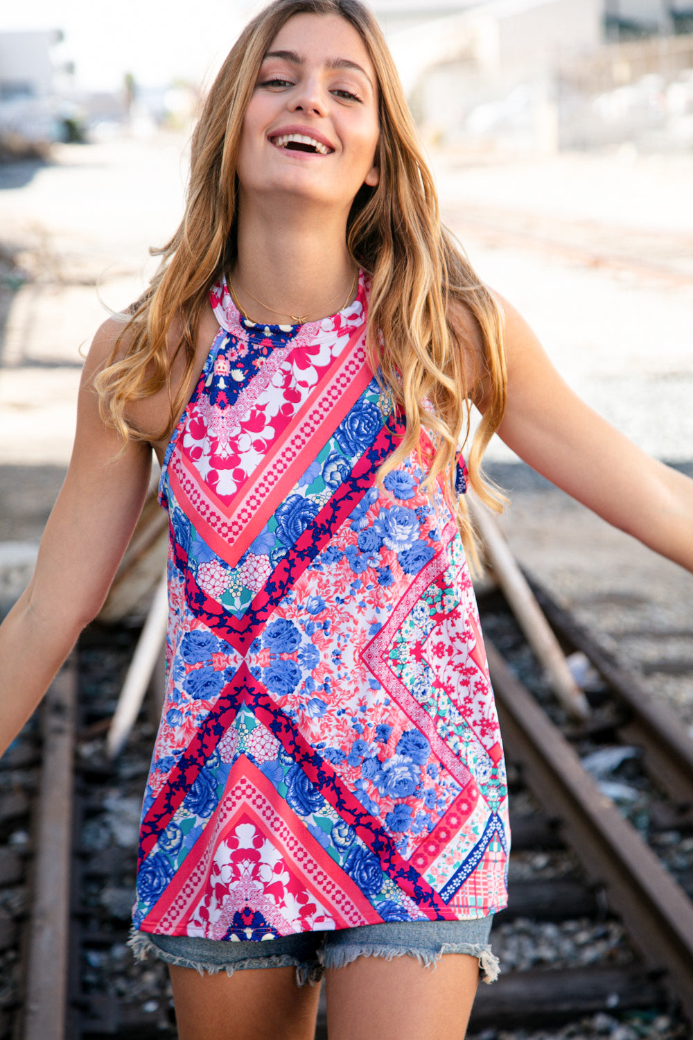 Fuchsia Boho Print Halter Tank Top