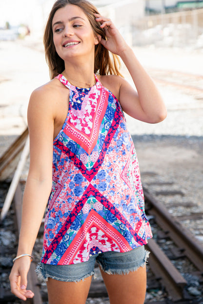 Fuchsia Boho Print Halter Tank Top