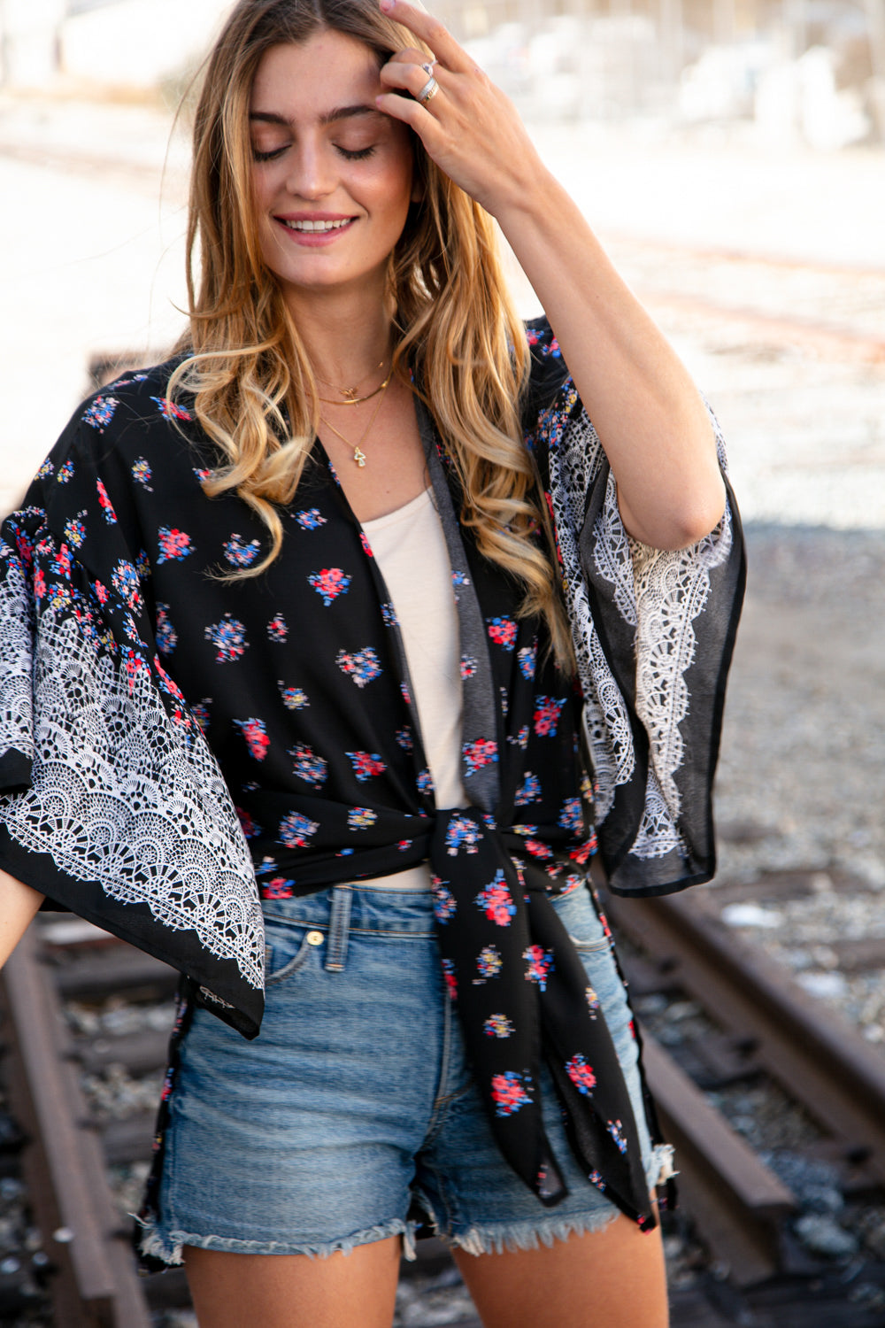 Floral Border Print Ruffle Bell Sleeve Kimono