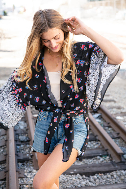 Floral Border Print Ruffle Bell Sleeve Kimono