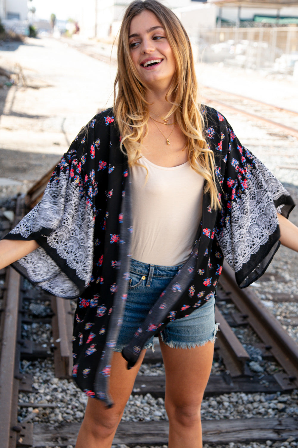 Floral Border Print Ruffle Bell Sleeve Kimono