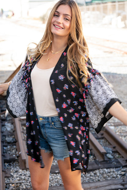 Floral Border Print Ruffle Bell Sleeve Kimono