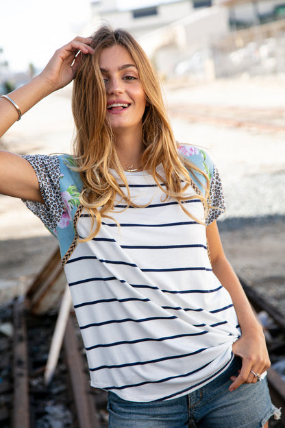 Floral Stripe Leopard Stripe Color Block Sleeve Top