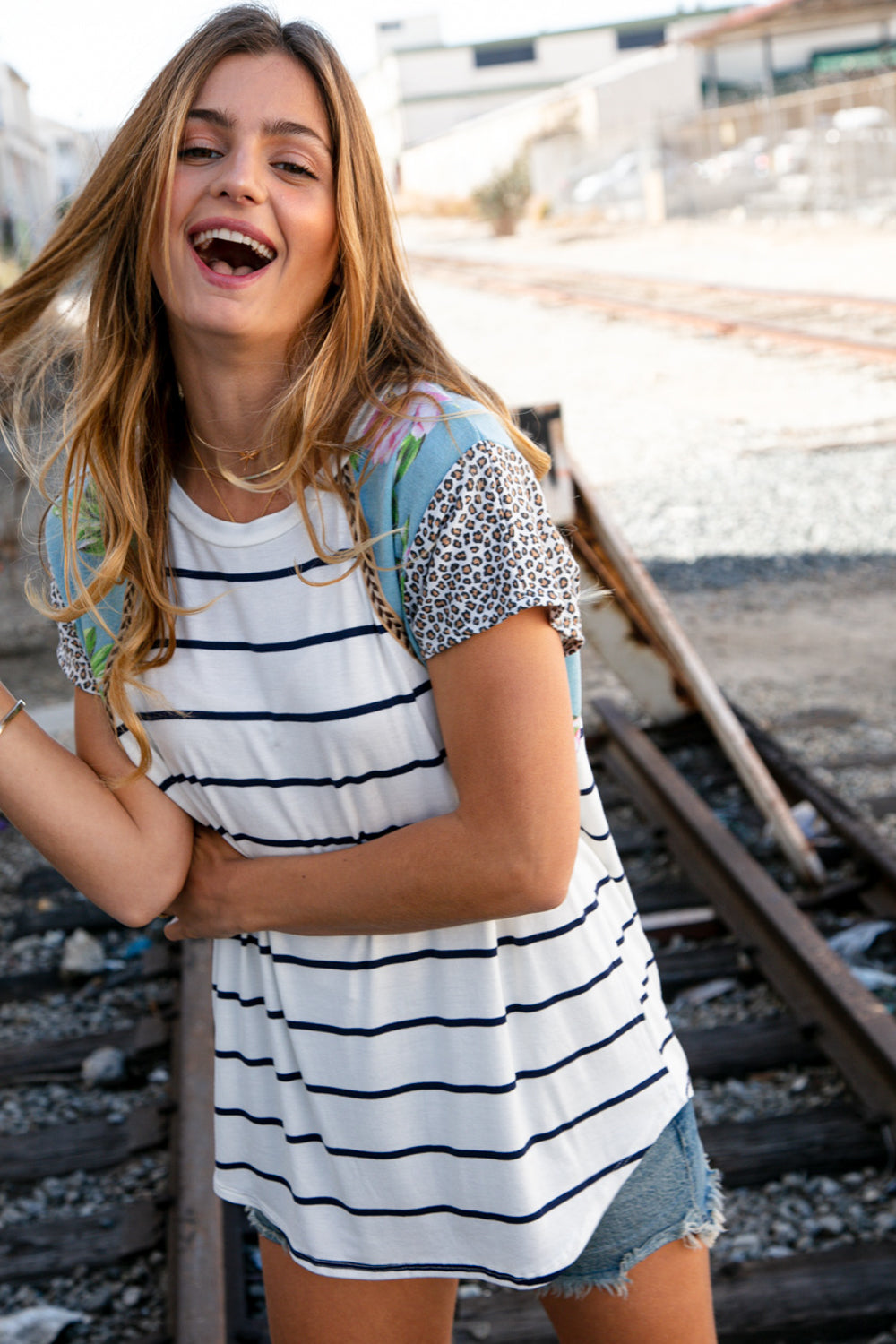 Floral Stripe Leopard Stripe Color Block Sleeve Top