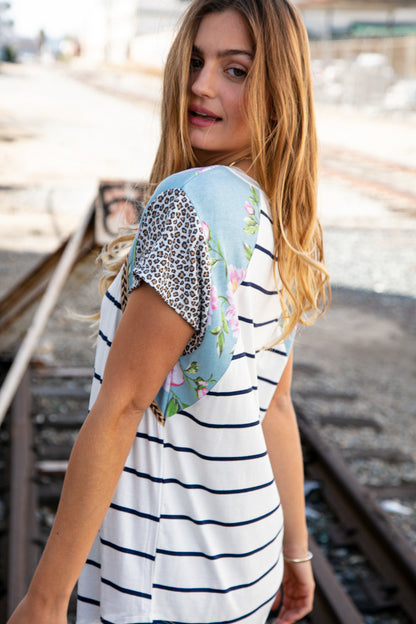 Floral Stripe Leopard Stripe Color Block Sleeve Top