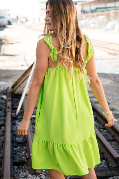 Lime Eyelet Embroidery Cotton V Neck Frill Short Sleeve Dress