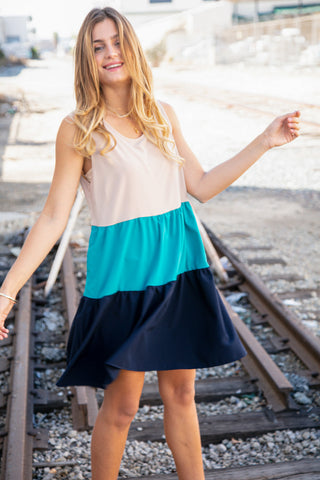 Blue Color Block Sleeveless Shoulder Dress