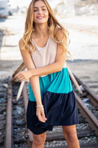 Blue Color Block Sleeveless Shoulder Dress