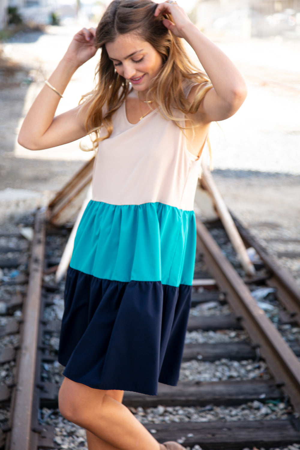 Blue Color Block Sleeveless Shoulder Dress