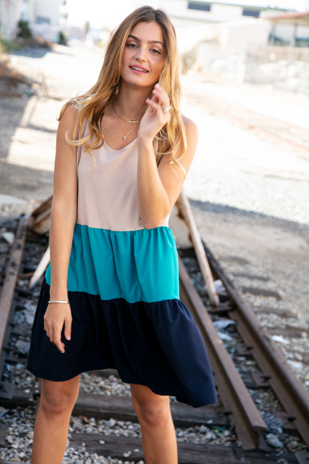 Blue Color Block Sleeveless Shoulder Dress