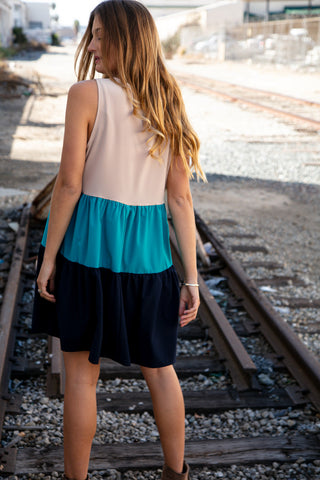 Blue Color Block Sleeveless Shoulder Dress