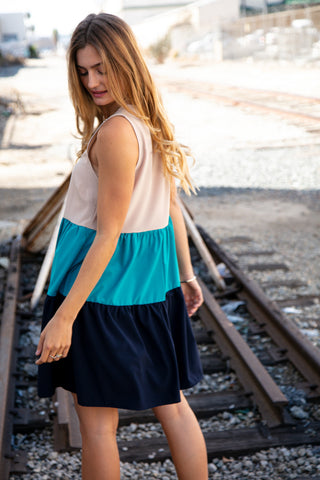 Blue Color Block Sleeveless Shoulder Dress