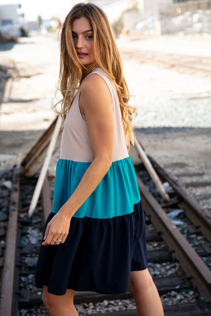 Blue Color Block Sleeveless Shoulder Dress