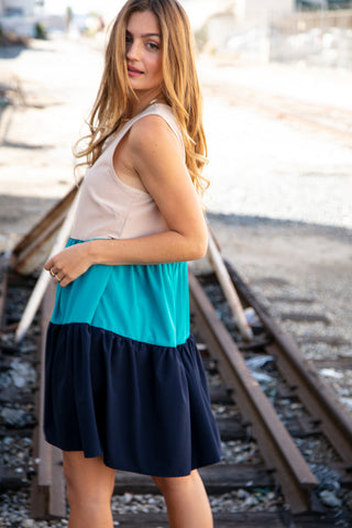 Blue Color Block Sleeveless Shoulder Dress