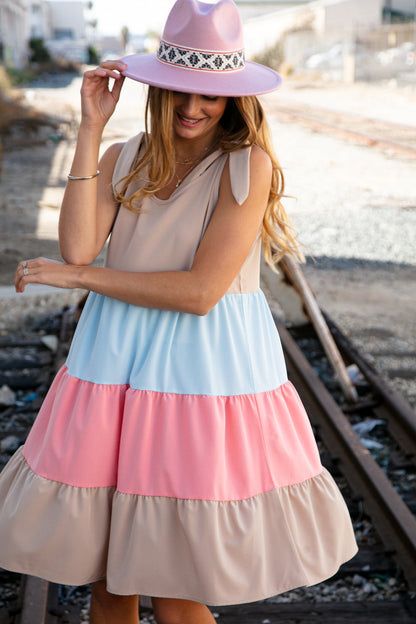 Beige Color Block Tie Knot Shoulder Dress