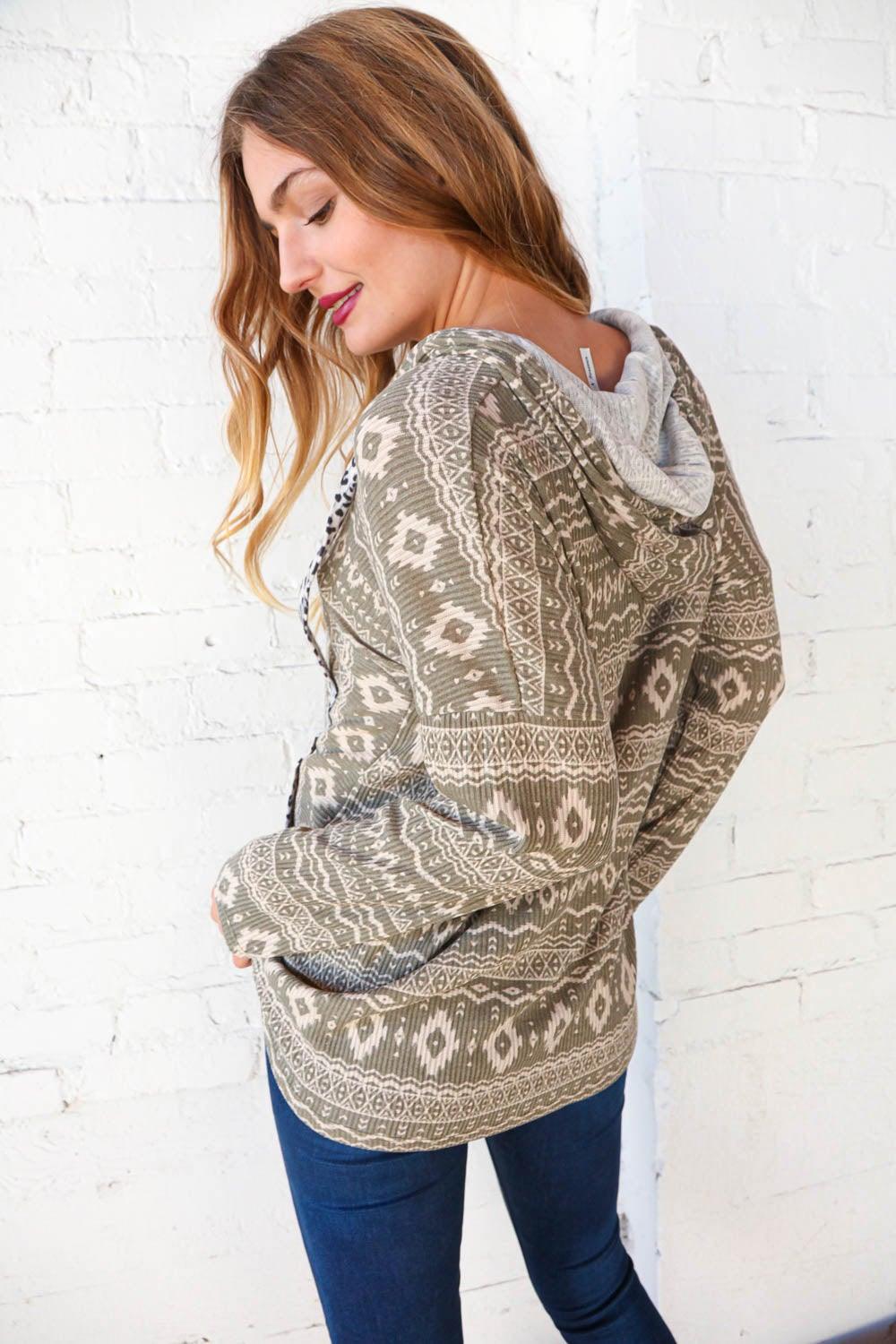 Aztec and Leopard Print Drawstring Rib Hoodie