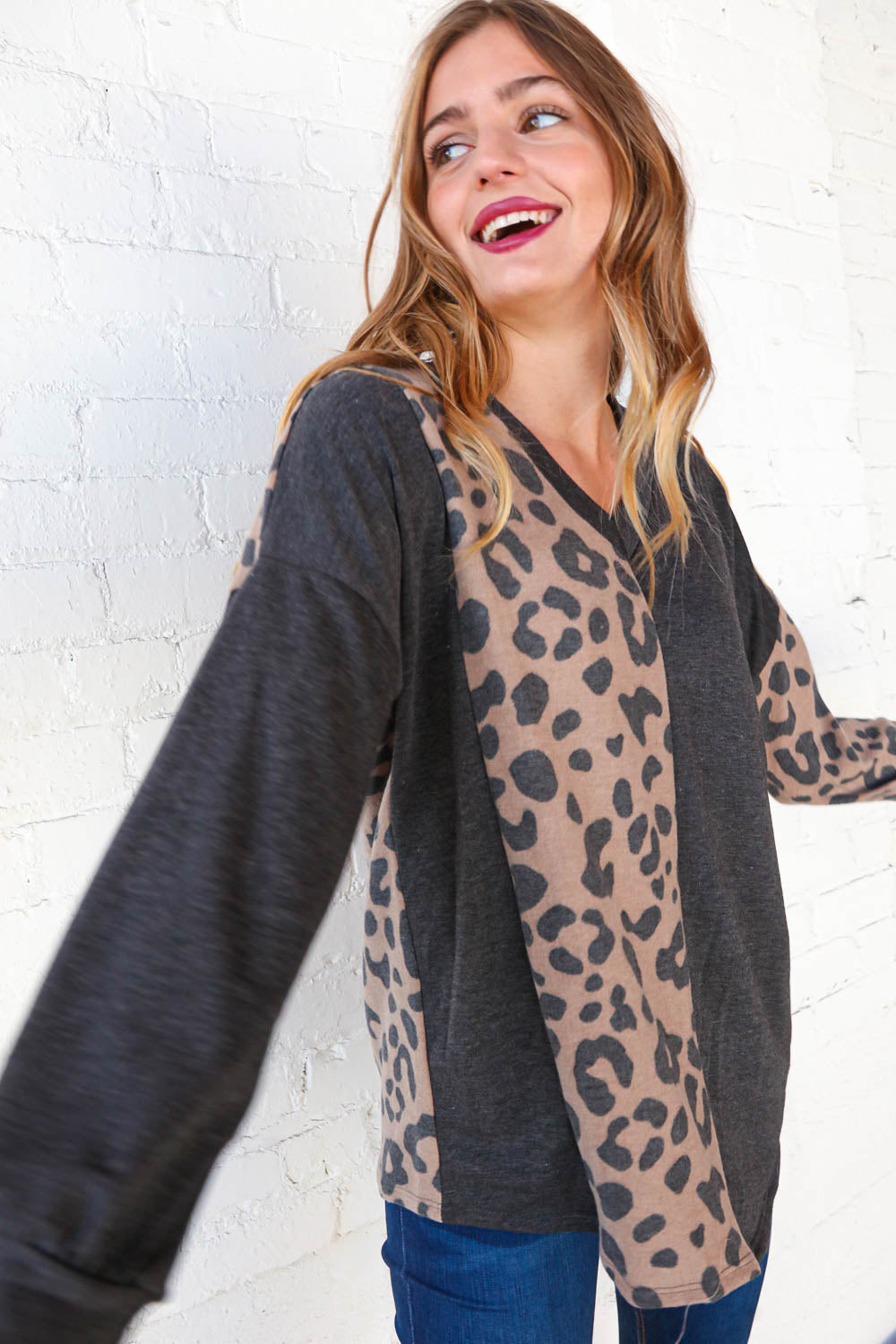 Spotted Leopard V Neck Color Block Knit Top