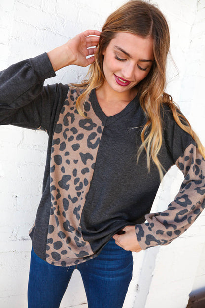 Spotted Leopard V Neck Color Block Knit Top