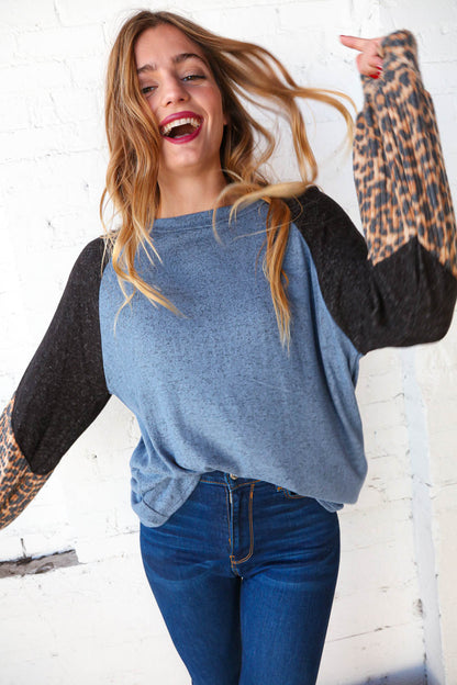 Blue & Black Leopard Print Color Block Bubble Sleeve Top