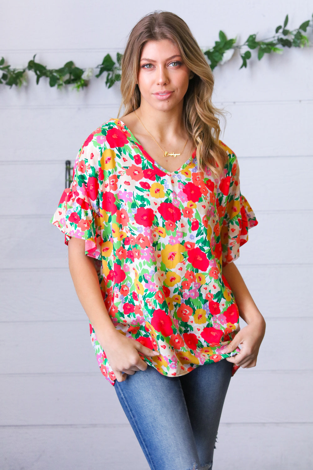 Red Flat Floral Pring Dolman Ruffle Frill Sleeve Blouse