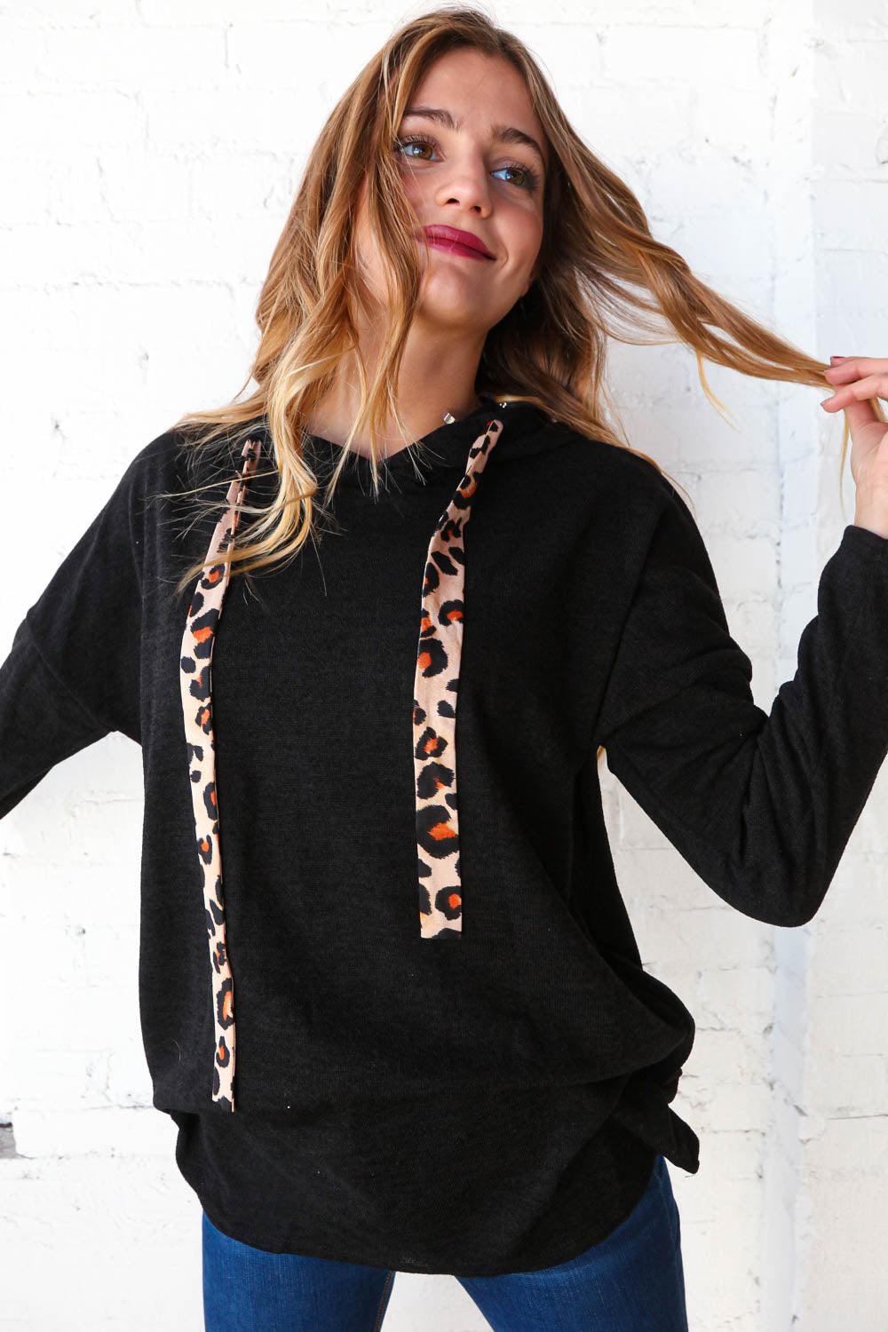 Black Knit Leopard Print Drawstring Hoodie