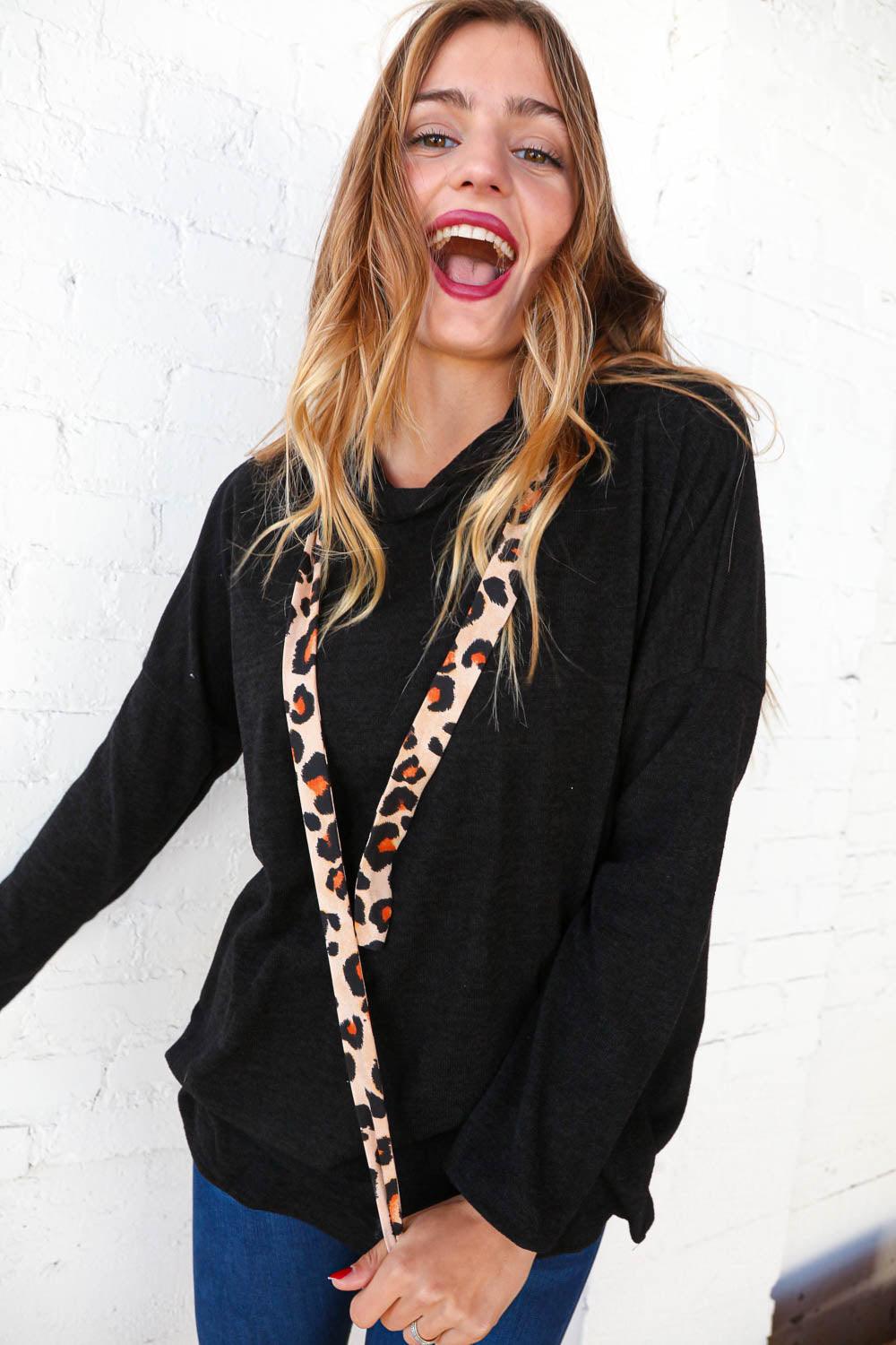 Black Knit Leopard Print Drawstring Hoodie