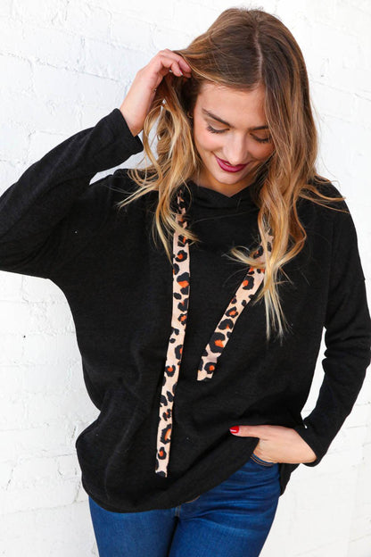 Black Knit Leopard Print Drawstring Hoodie