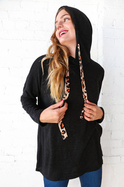 Black Knit Leopard Print Drawstring Hoodie