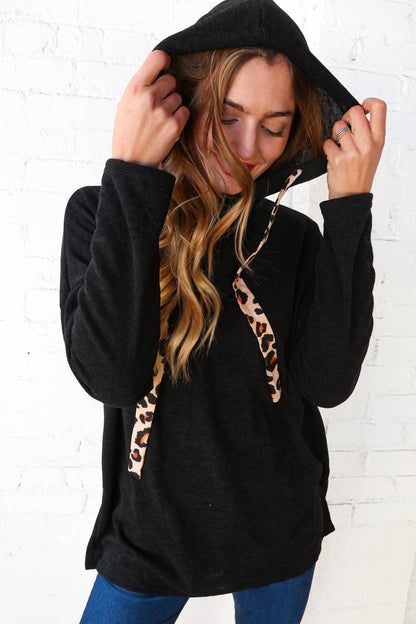 Black Knit Leopard Print Drawstring Hoodie